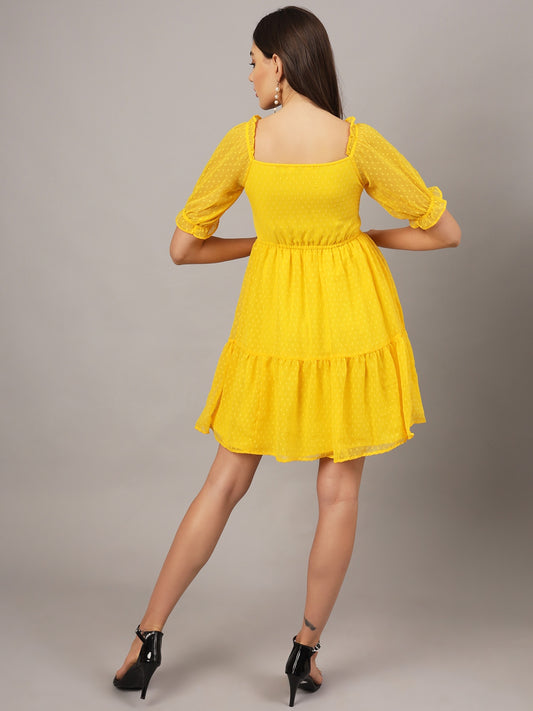 Yellow Chiffon Midi Western Dress with Pocket