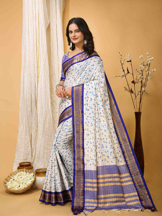 White-Blue Dola Silk Cotton Saree with leaf print