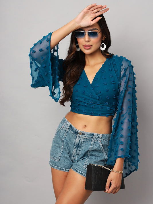 Georgette Angle Sleeve Teal Blue Wrap Top