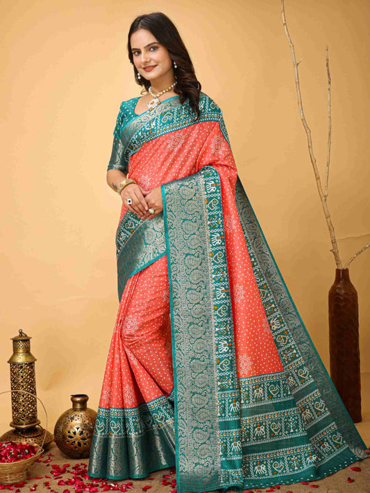 Bandhini Saree Carrot Red