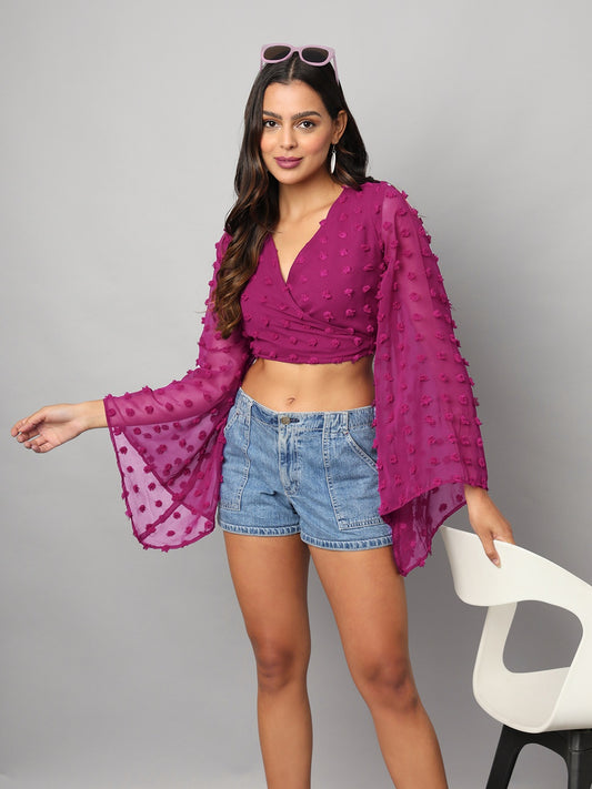 Georgette Angle Sleeve Wine Wrap Top