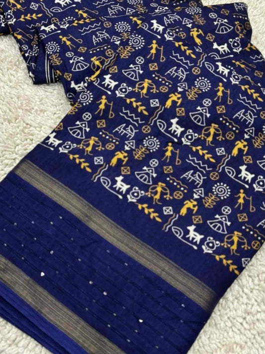 Navy Blue Cotton Dola Silk Saree