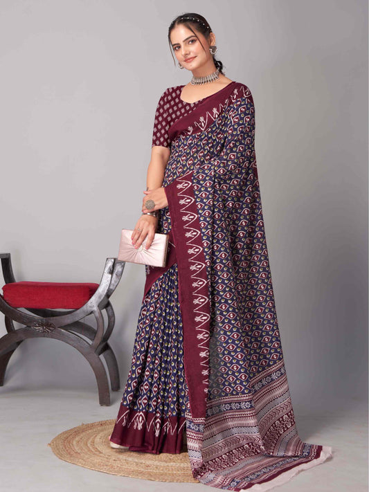 Navy Blue Jaipuri cotton saree
