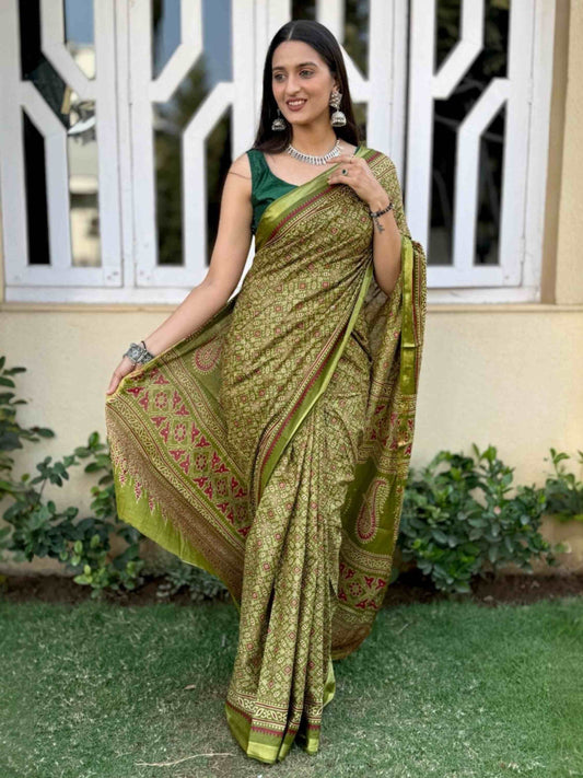 Pure Mulmul Cotton Saree Green