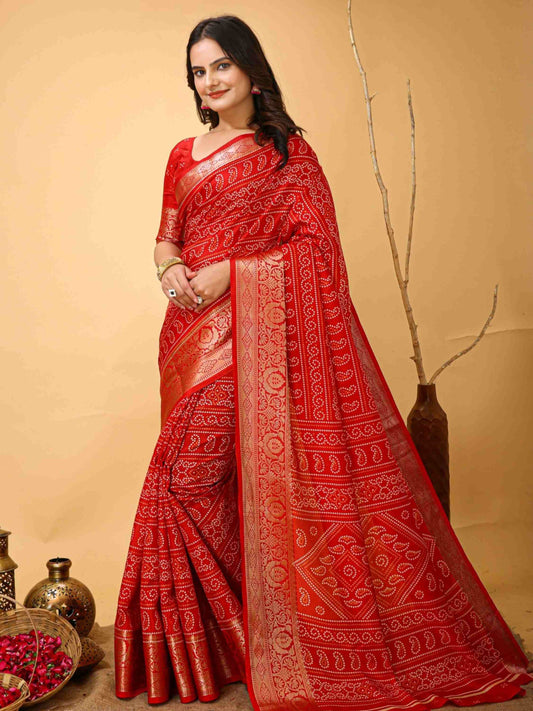 Red Bandhani Printed Saree