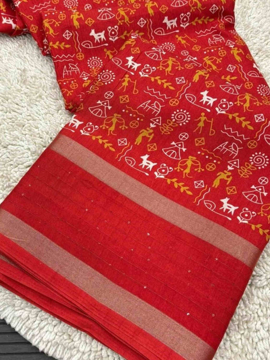 Red Cotton Dola Silk Saree
