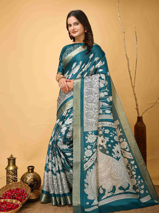 Teal Blue Handloom Cotton Saree