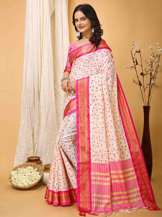 White-Pink Dola Silk Cotton Saree