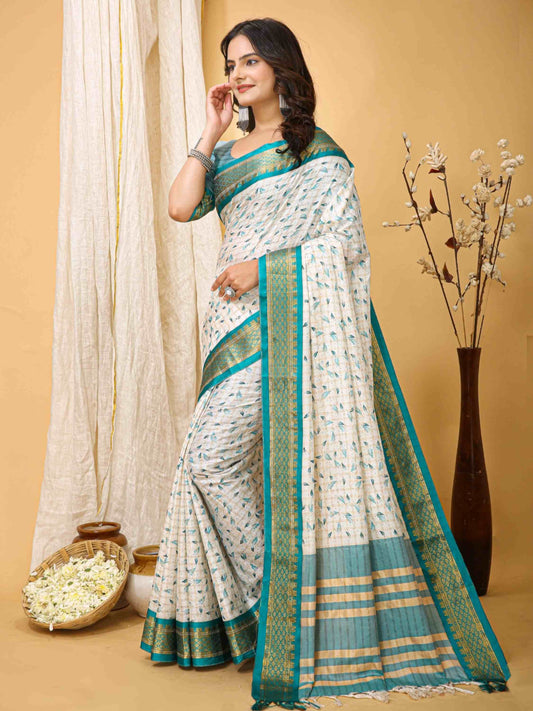 White-Turquoise Dola Silk Cotton Saree