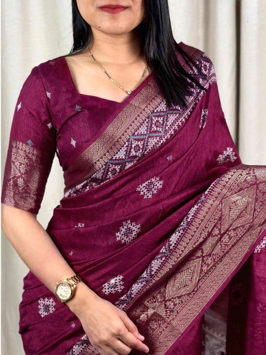 Wine Cotton Silk Saree