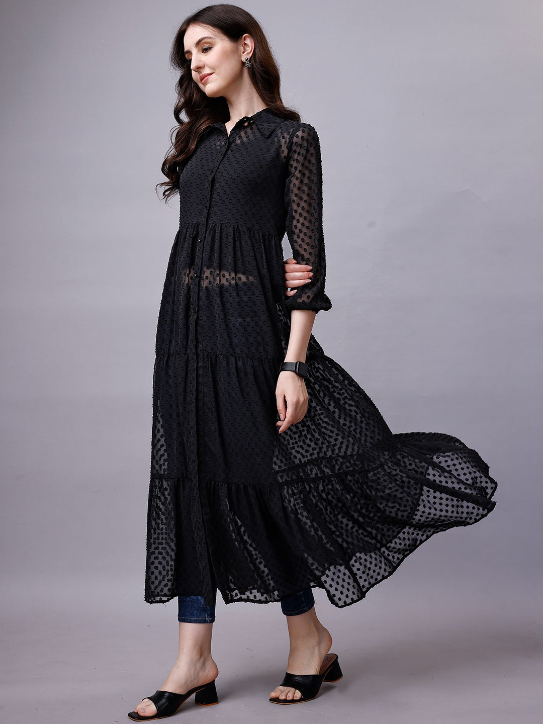 Black Chiffon Long Dress Shirt