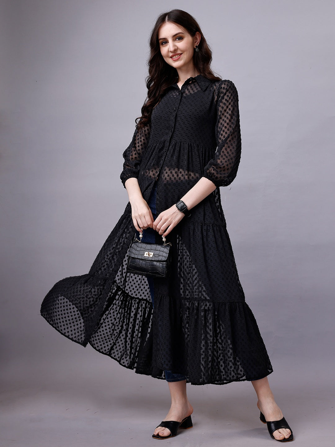 Black Chiffon Long Dress Shirt
