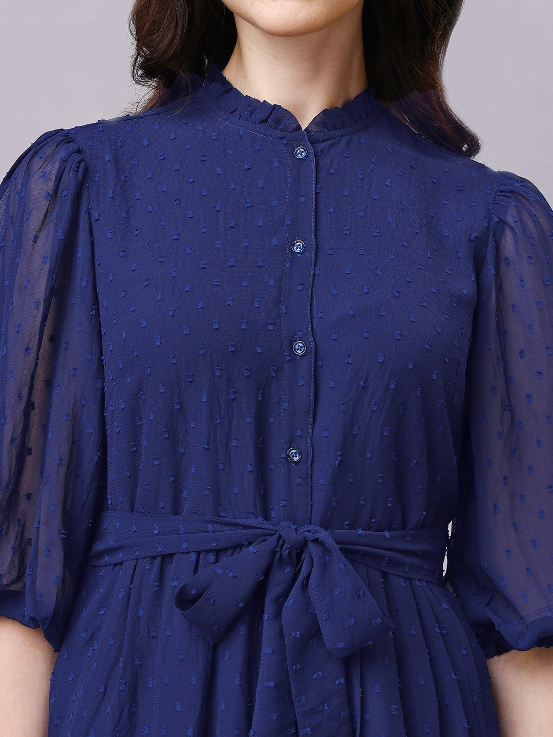 Chiffon Midi Shirt Dress with Belt and Pocket