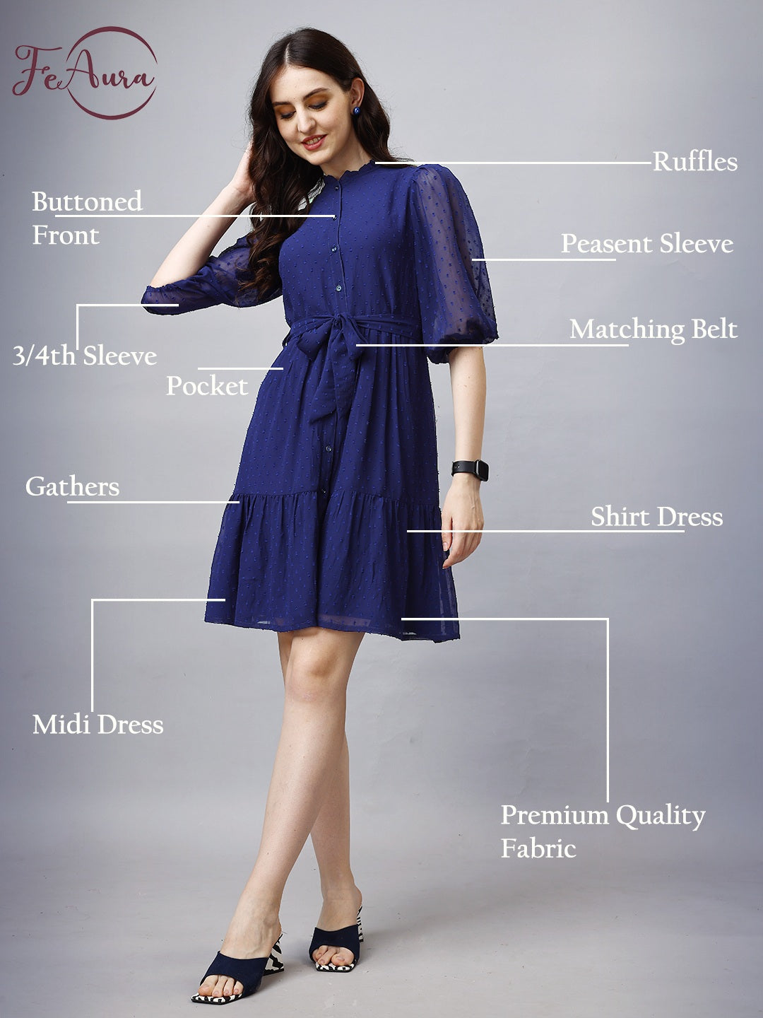 Chiffon Midi Shirt Dress with Belt and Pocket