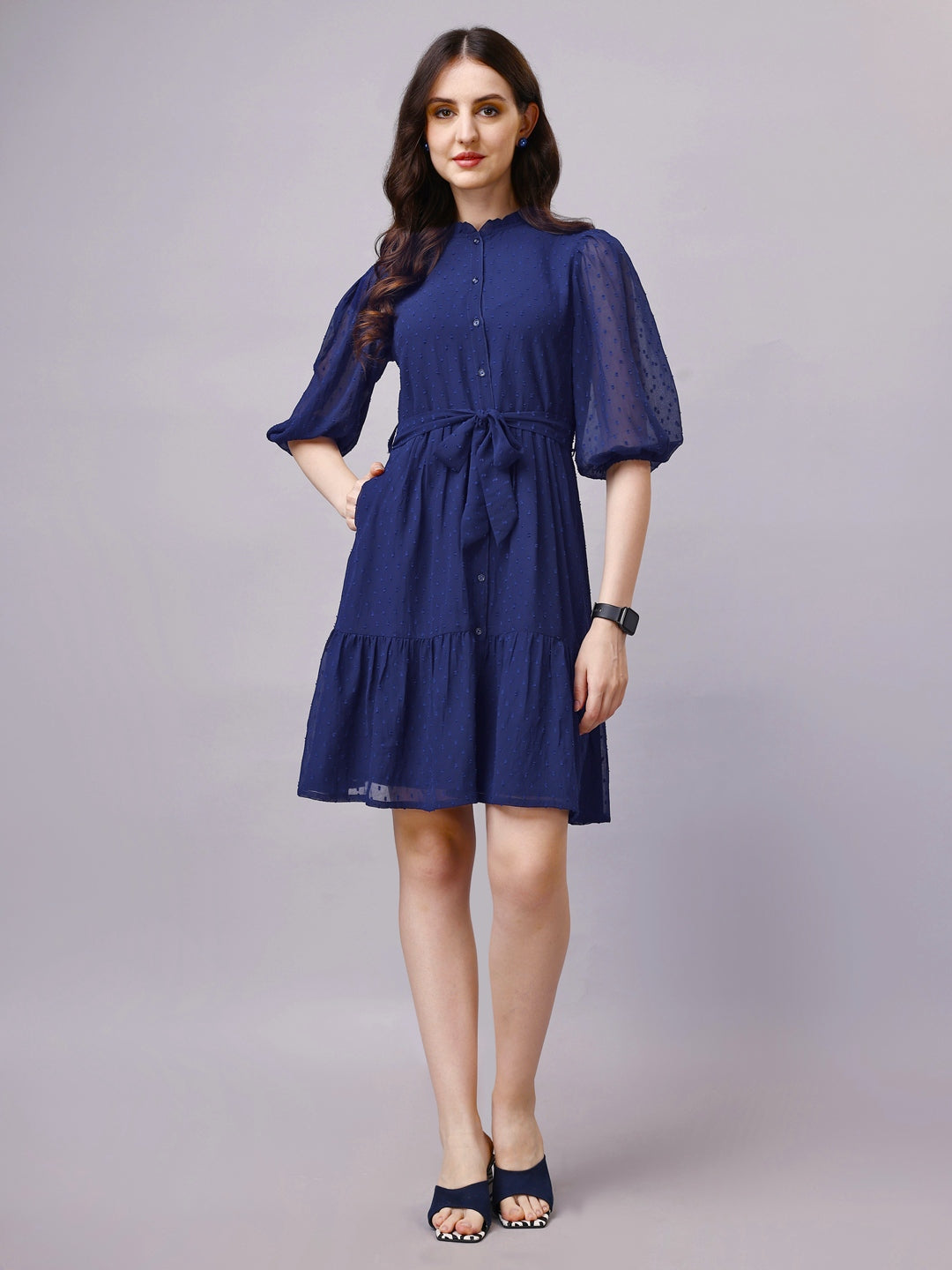 Chiffon Midi Shirt Dress with Belt and Pocket