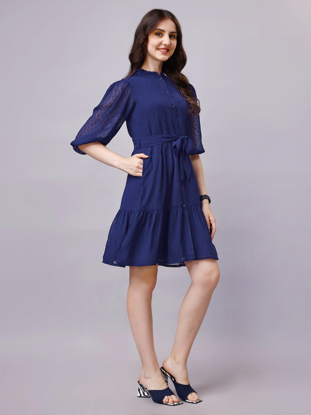Chiffon Midi Shirt Dress with Belt and Pocket