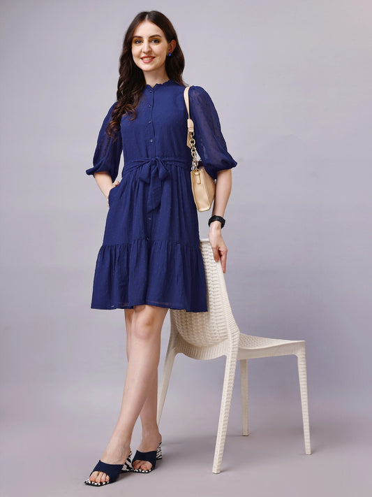 Chiffon Midi Shirt Dress with Belt and Pocket