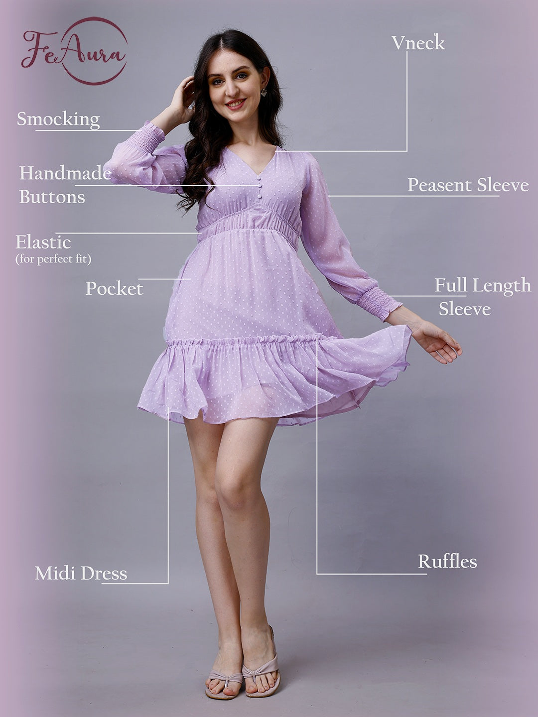 Lilac Chiffon Midi Cute Dress