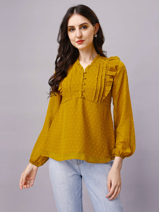 Chiffon Pin Tucks Ruffled Tops