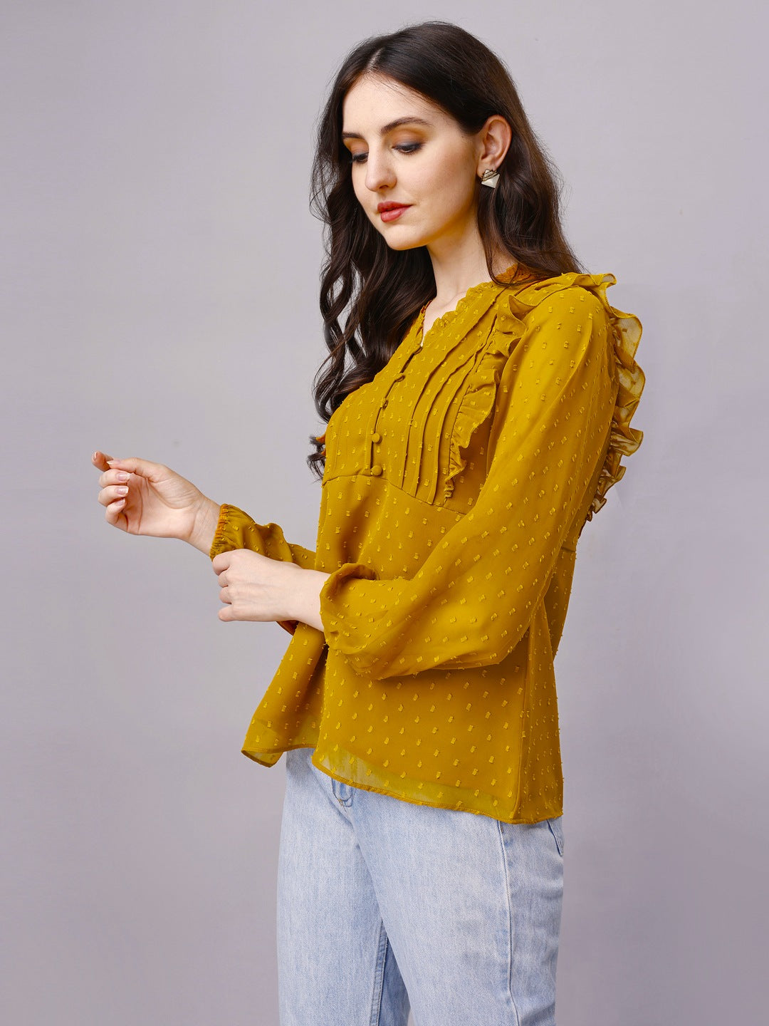Chiffon Pin Tucks Ruffled Tops