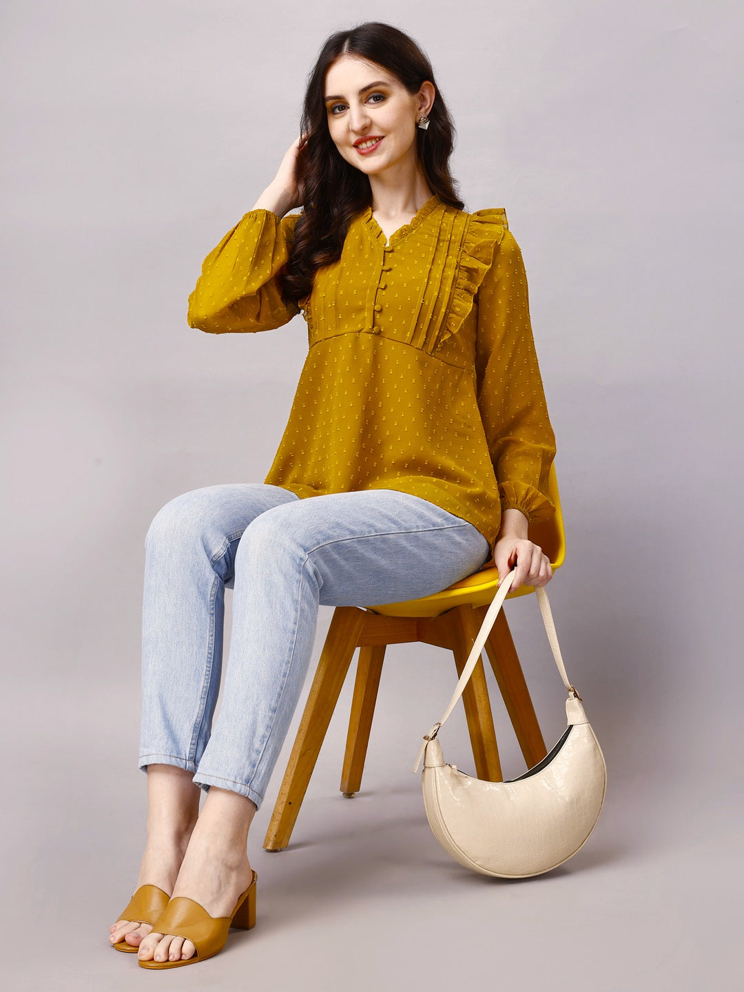 Chiffon Pin Tucks Ruffled Tops