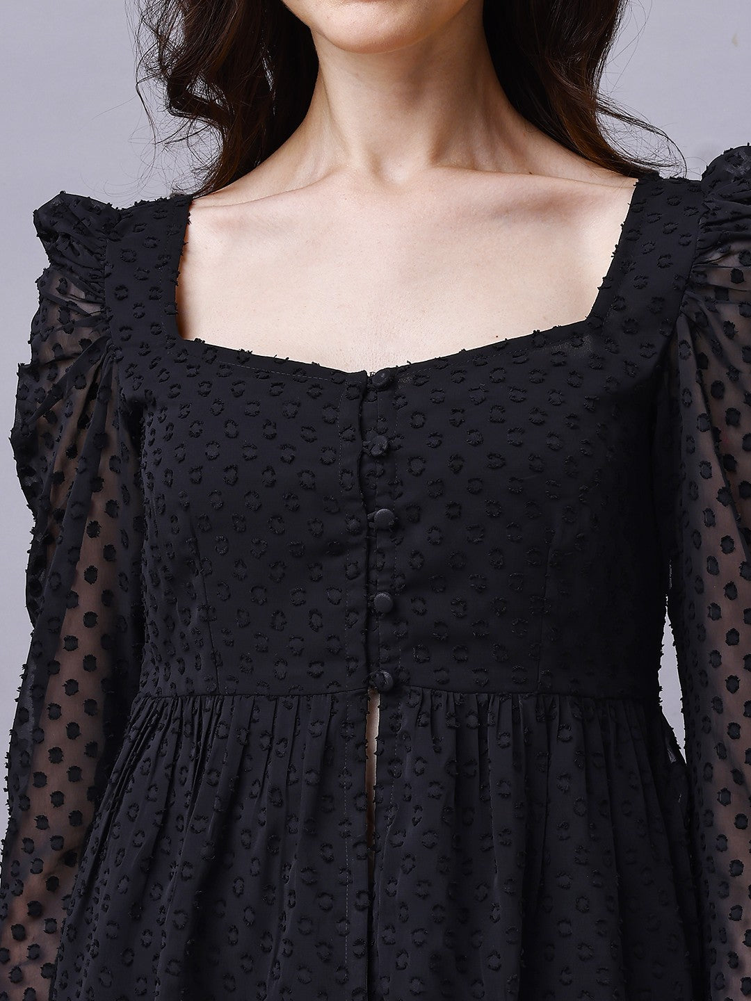 Chiffon Leg-O-Mutton Sleeve Black Top
