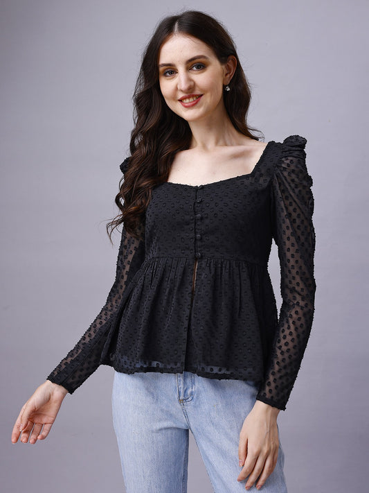 Chiffon Leg-O-Mutton Sleeve Black Top