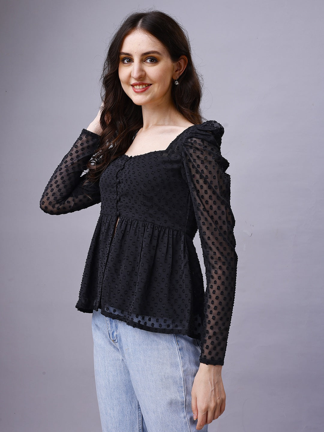 Chiffon Leg-O-Mutton Sleeve Black Top