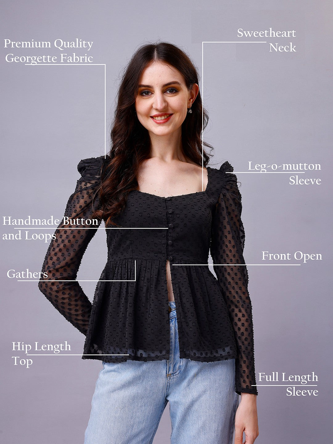 Chiffon Leg-O-Mutton Sleeve Black Top