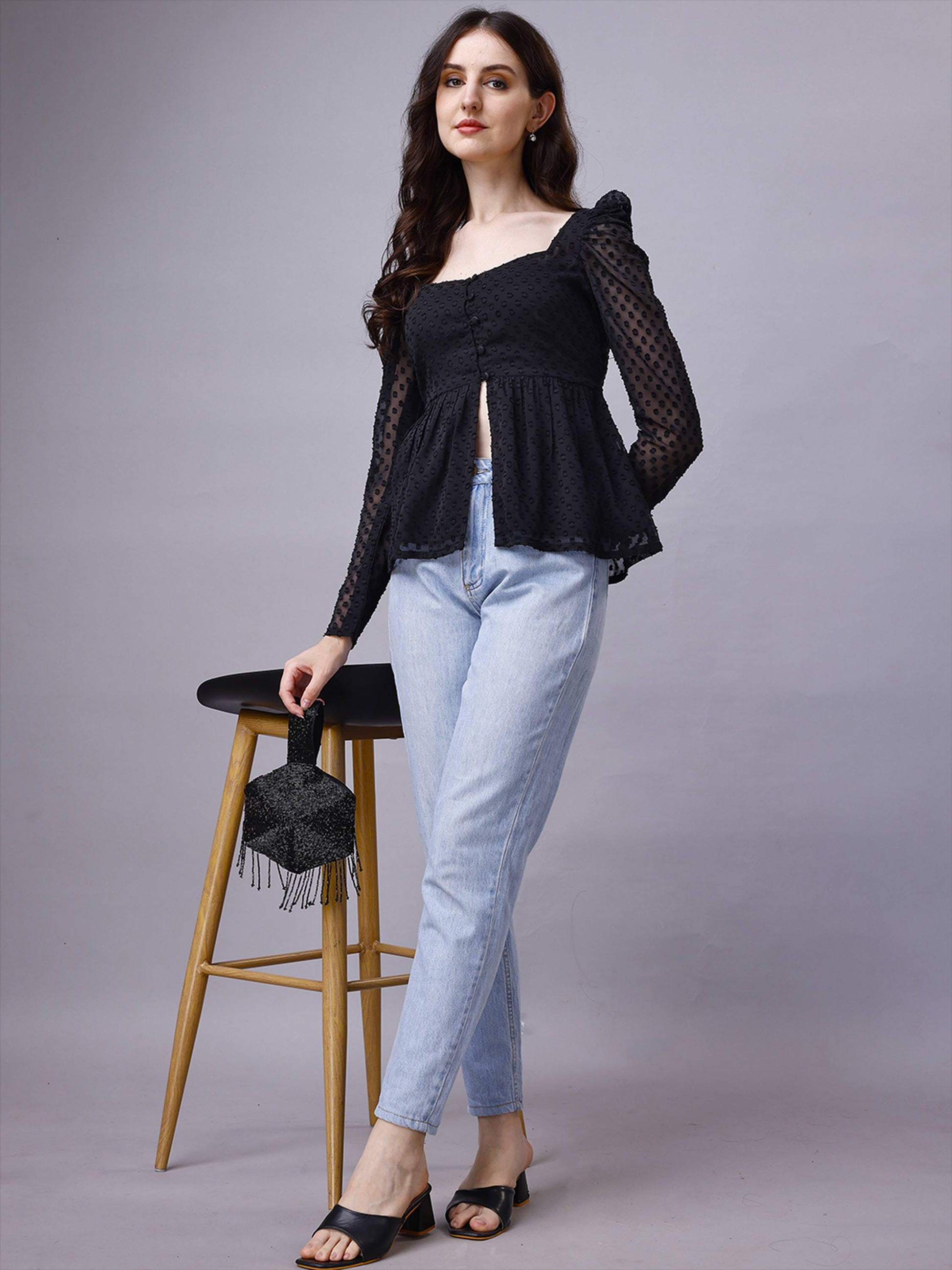 Chiffon Leg-O-Mutton Sleeve Black Top