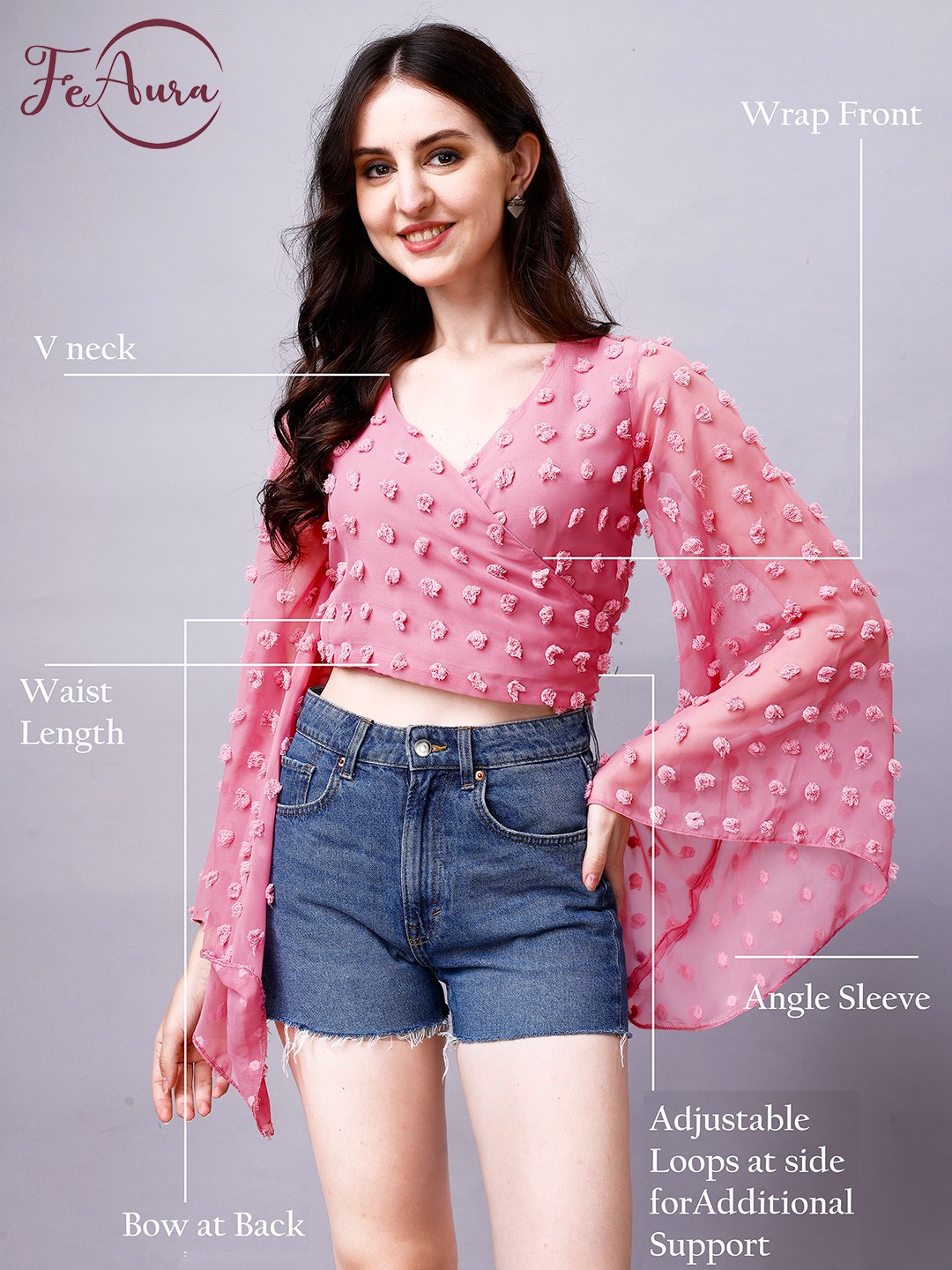 Georgette Angle Sleeve Pink Wrap Top