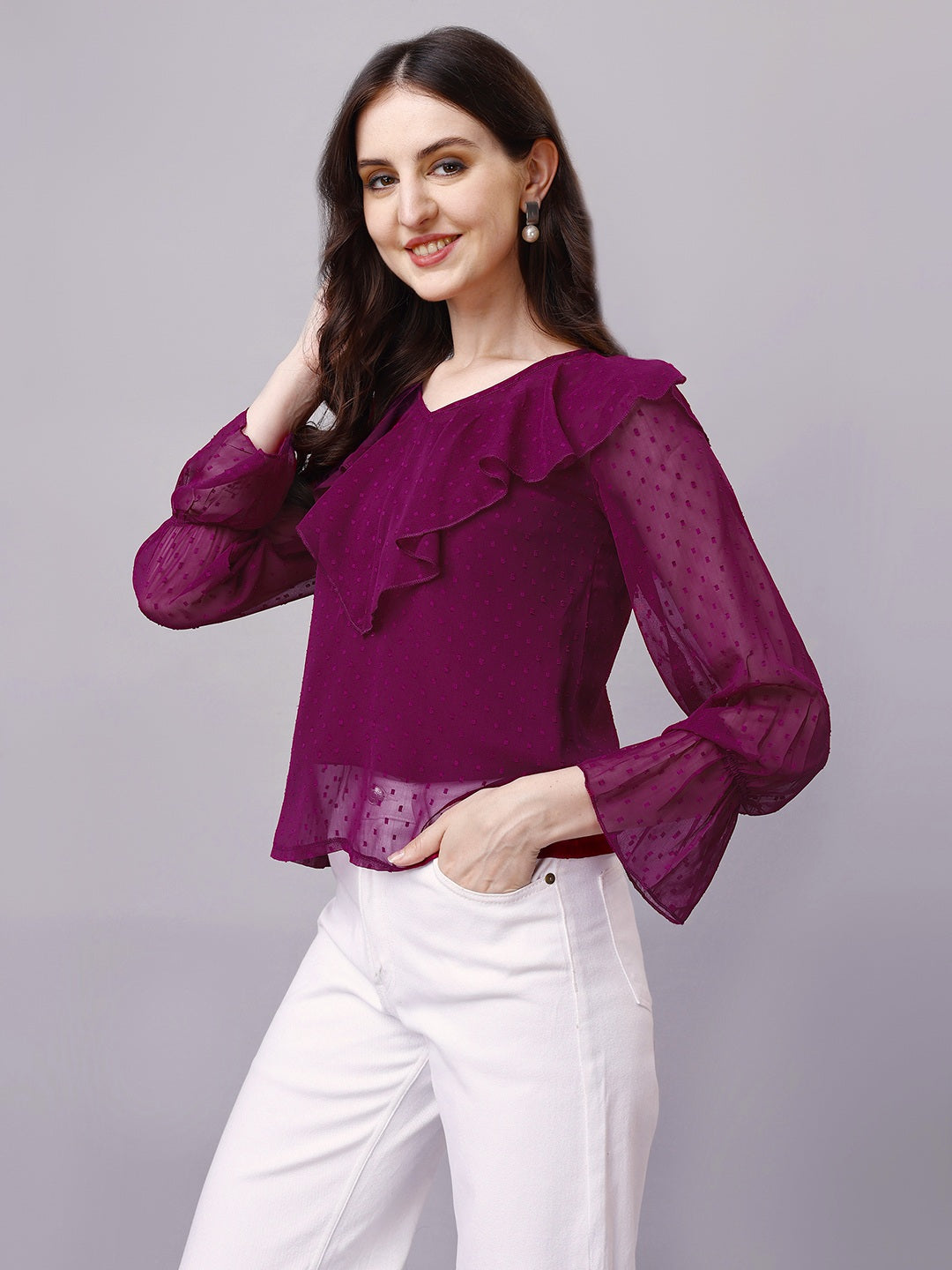 Wine Chiffon Blouse Top with Inner