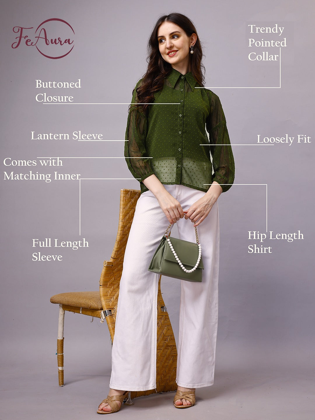 Green Chiffon Women Western Shirts with Inner