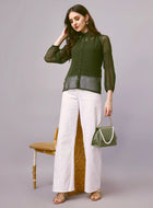 Green Chiffon Women Western Shirts with Inner