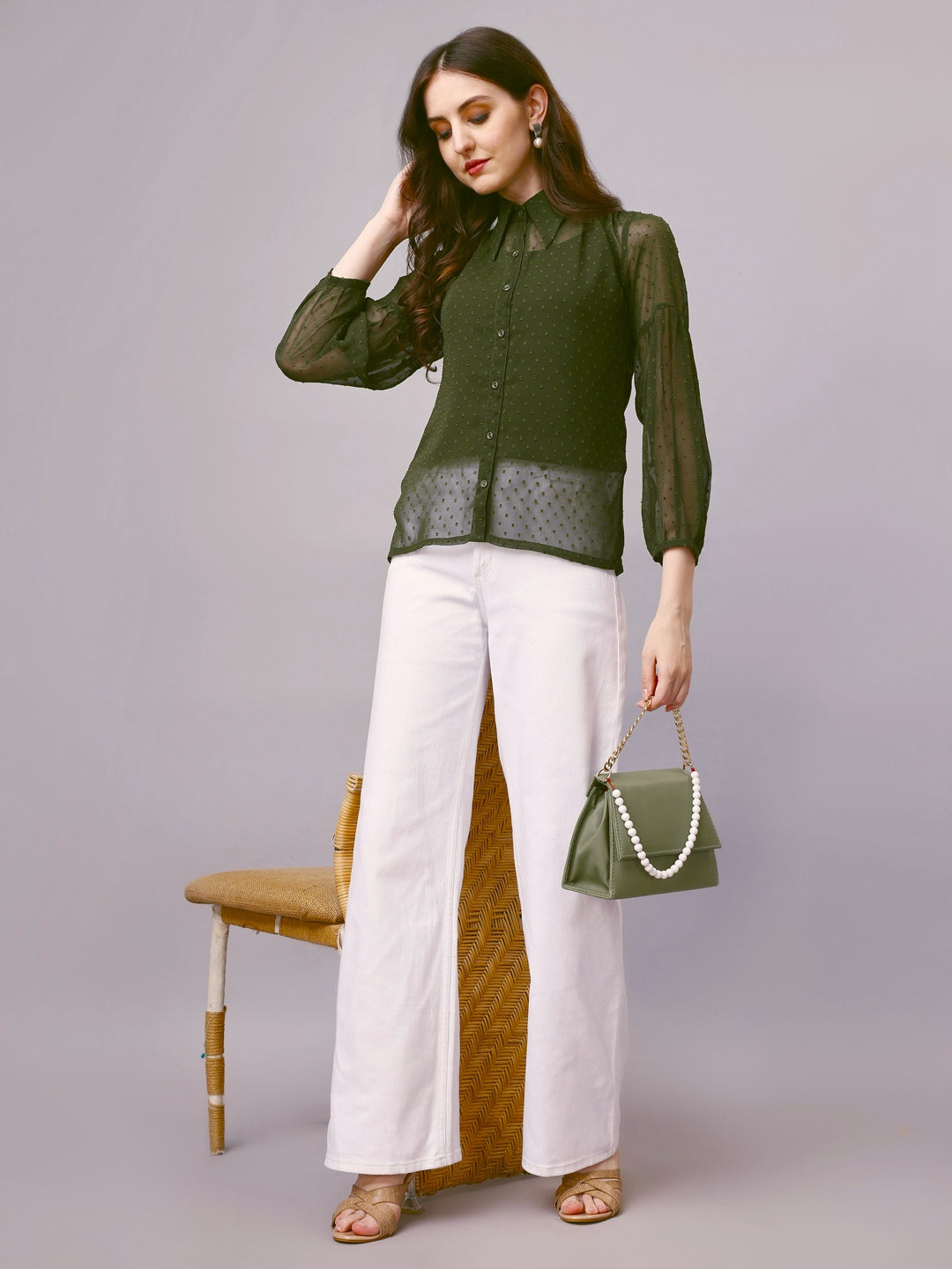 Green Chiffon Women Western Shirts with Inner