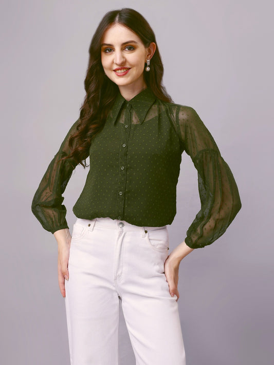 Green Chiffon Women Western Shirts with Inner