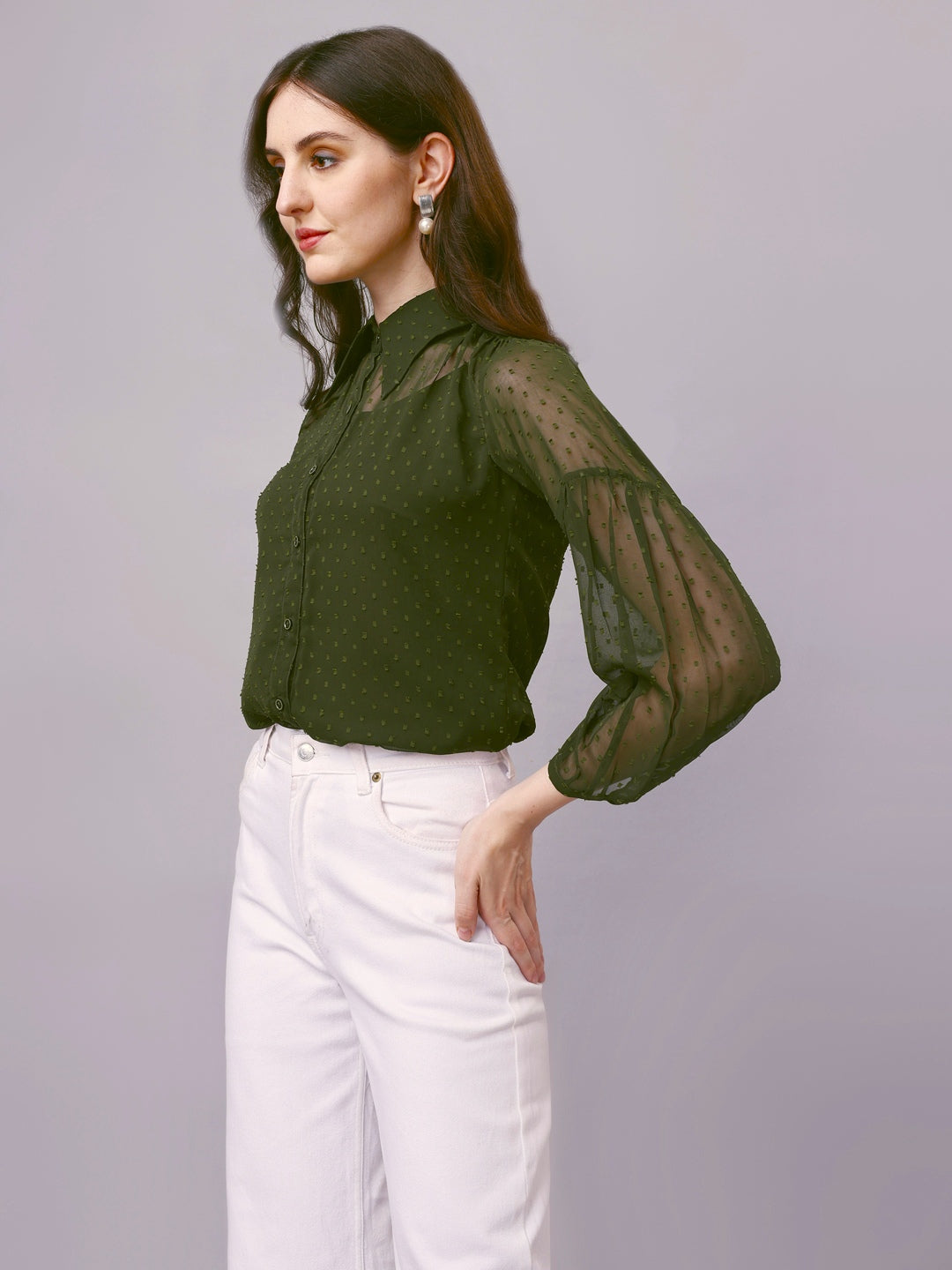 Green Chiffon Women Western Shirts with Inner