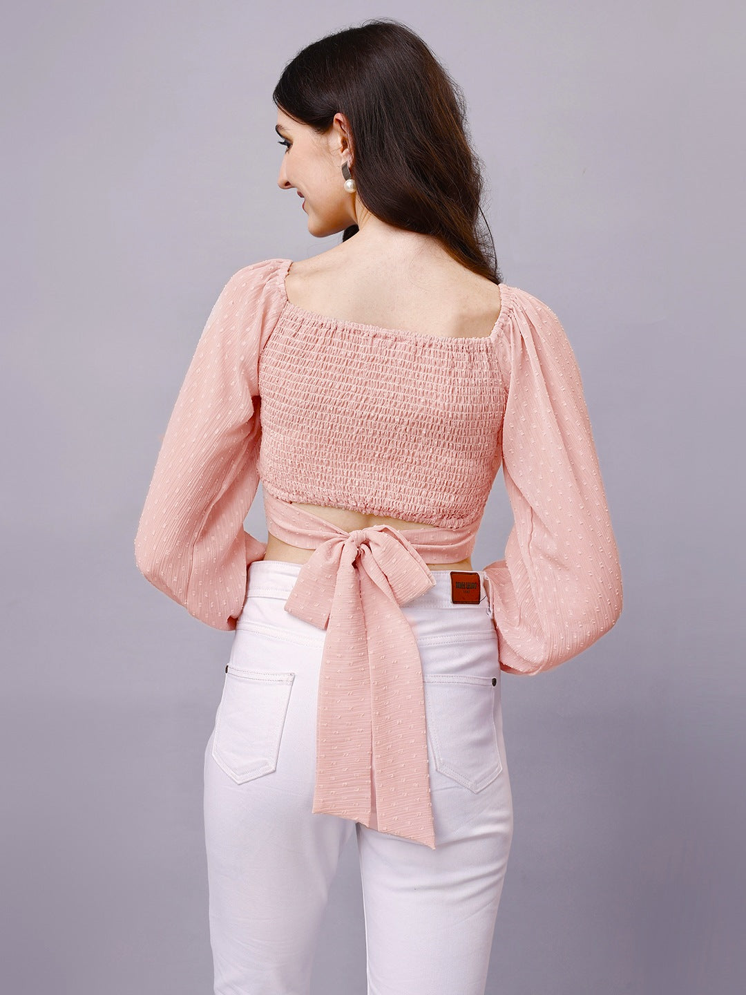 Beige Chiffon Crop Top with Bow