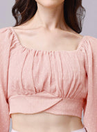 Beige Chiffon Crop Top with Bow