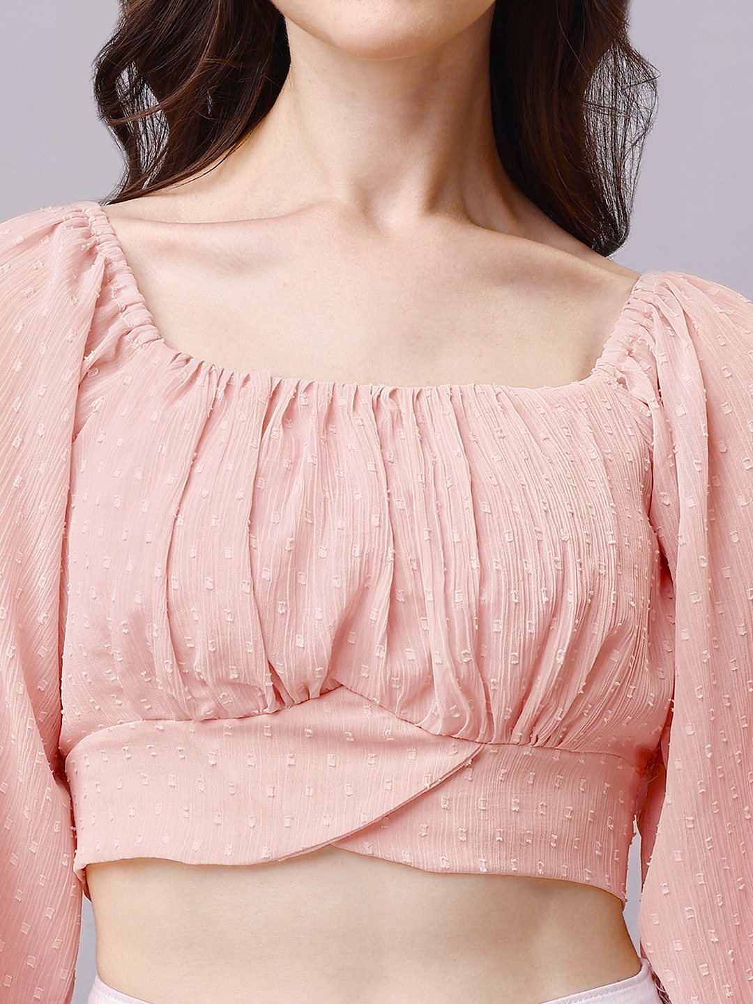 Beige Chiffon Crop Top with Bow