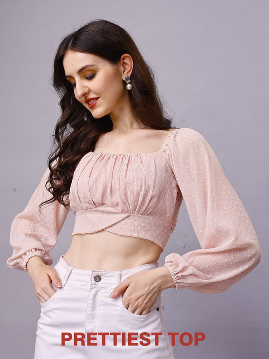 Beige Chiffon Crop Top with Bow