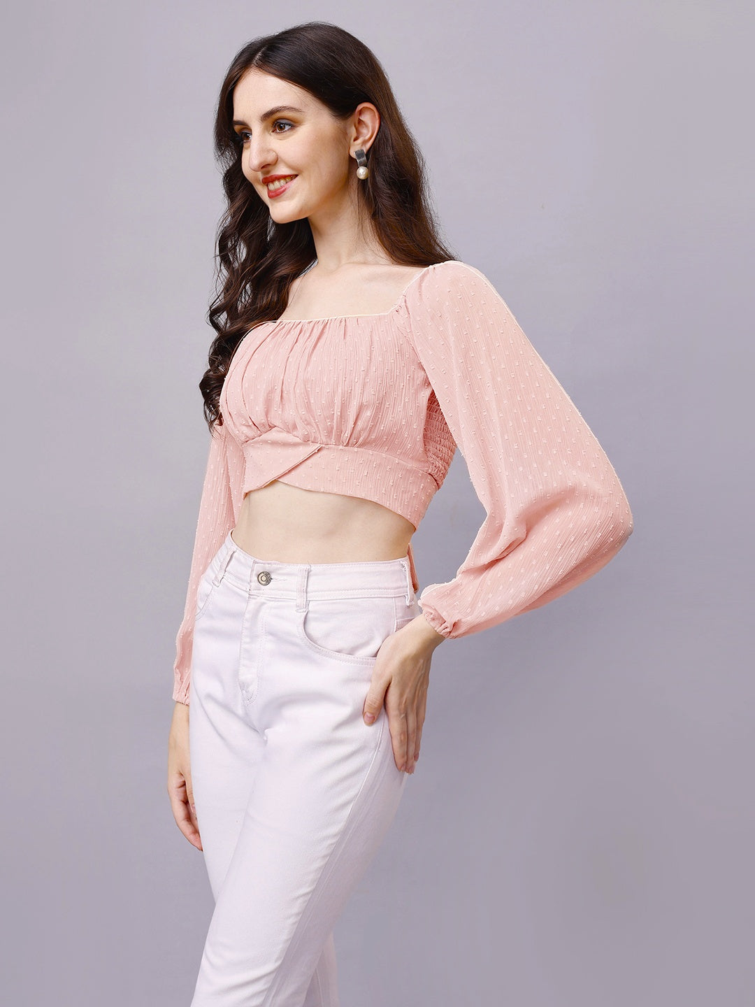 Beige Chiffon Crop Top with Bow