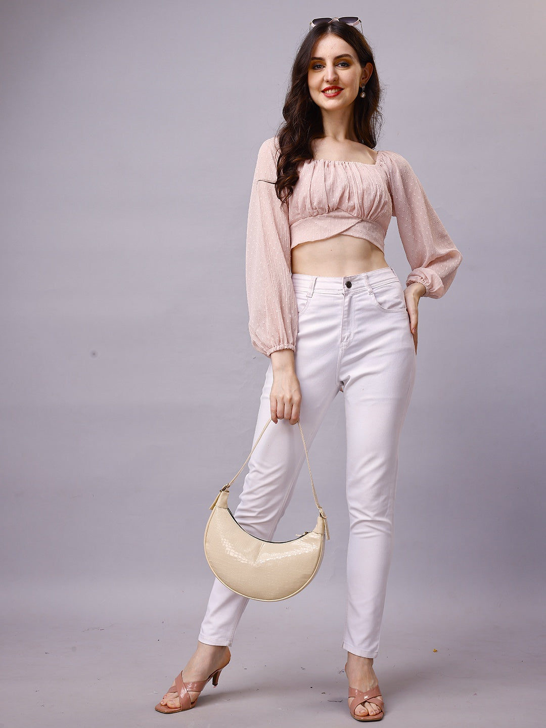 Beige Chiffon Crop Top with Bow