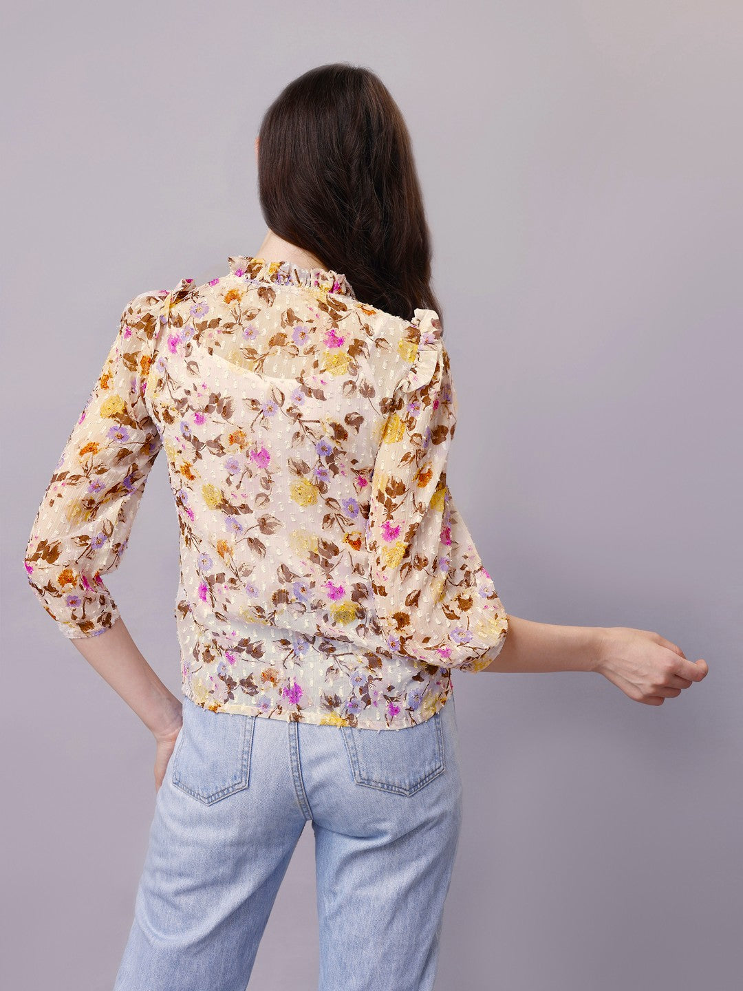 Off-White Chiffon Floral Print Sheer Shirt