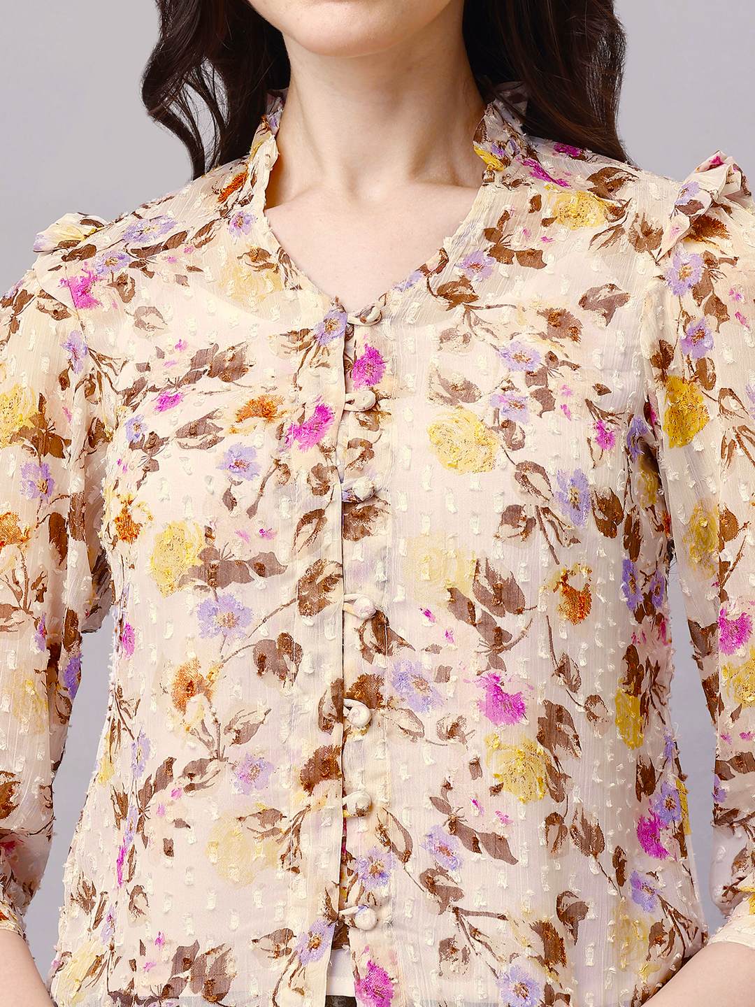 Off-White Chiffon Floral Print Sheer Shirt