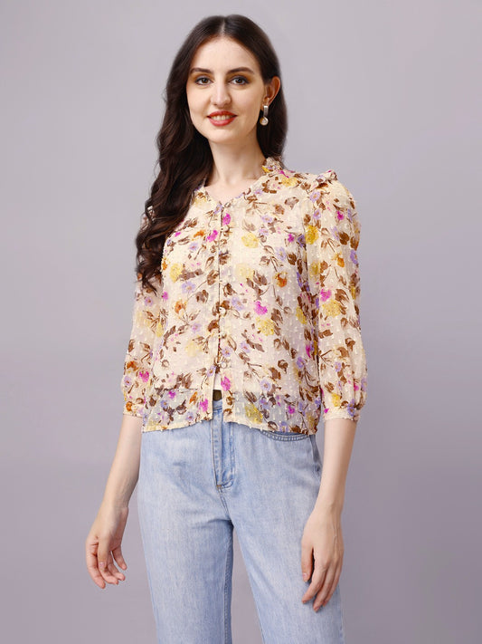 Off-White Chiffon Floral Print Sheer Shirt