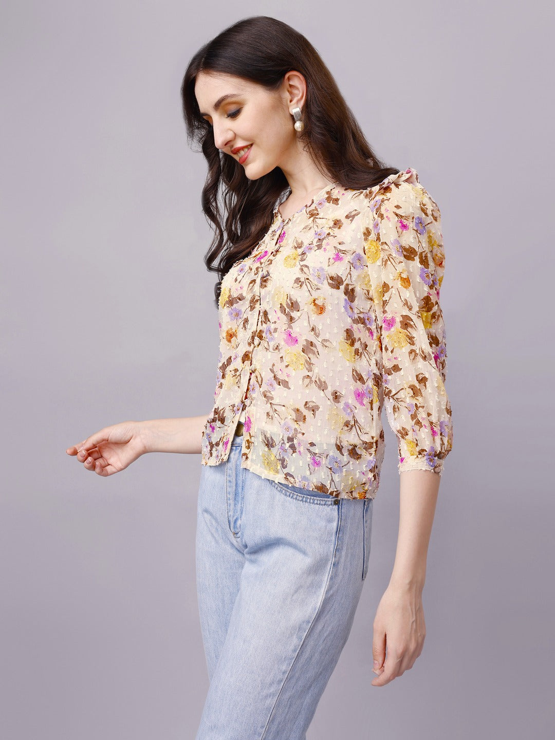 Off-White Chiffon Floral Print Sheer Shirt