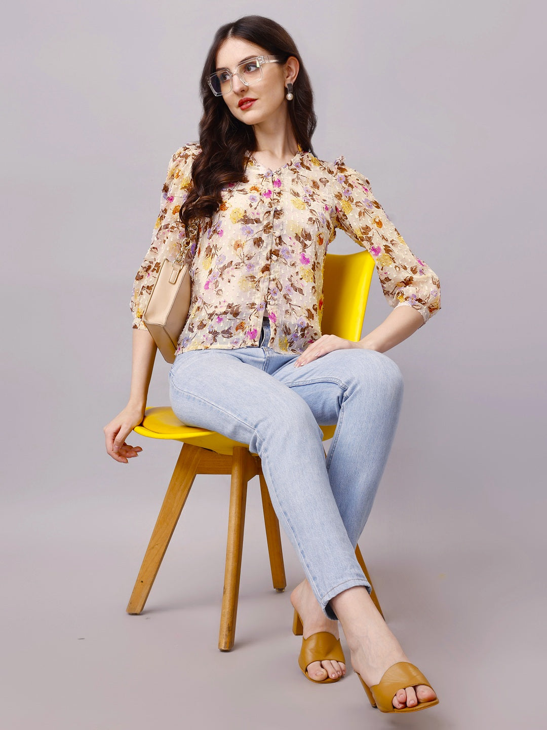 Off-White Chiffon Floral Print Sheer Shirt