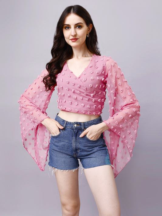 Georgette Angle Sleeve Pink Wrap Top