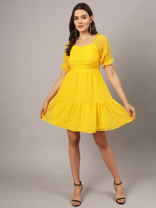 Yellow Chiffon Midi Western Dress with Pocket